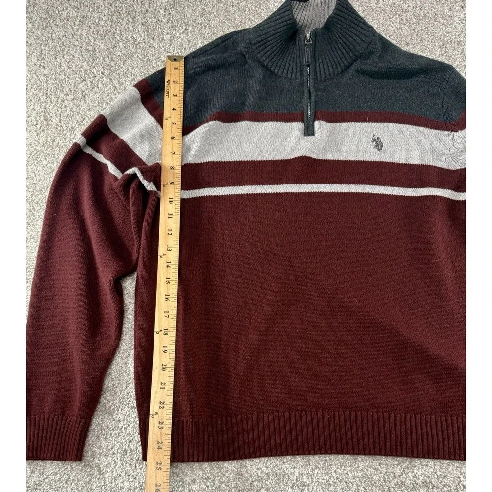 Vintage Polo Ralph Lauren Quarter Zip Sweater Burgundy Gray Stripe Men's Size L